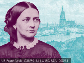 Montage Clara Schumann, um 1860 © UB Frankfurt/M. S36/F01814 und Mainansicht, um 1890, Zeichnung: W. Klusmeyer © ISG S7A1998/311
