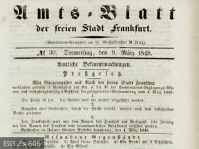 Frankfurter Preßgesetz von 9. März 1848 im Frankfurter Amts-Blatt © ISG Zs 605