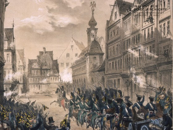 Erstürmung der Barrikade Konstablerwache, 18. Sep. 1848 (ISG FFM Best. S7Z1848 Nr. 97)