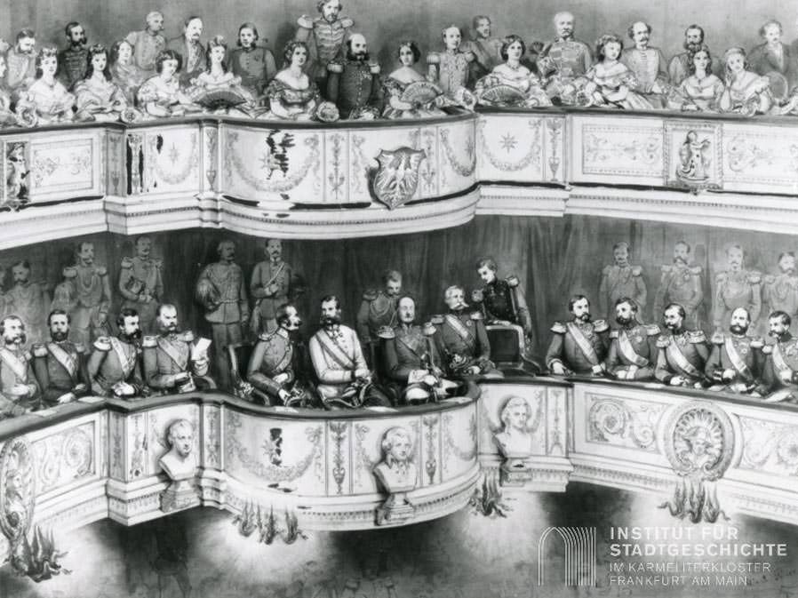 Die Teilnehmer des Frankfurter Fürstentages bei einem Besuch im Komödienhaus 1863