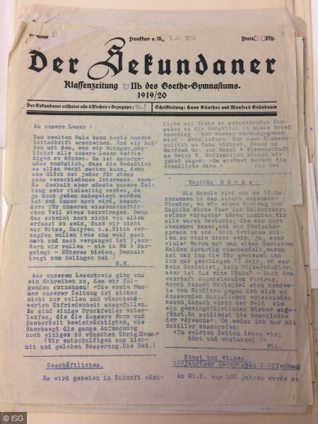 Titelseite der Schülerzeitung Der Sekundaner, 1919/20