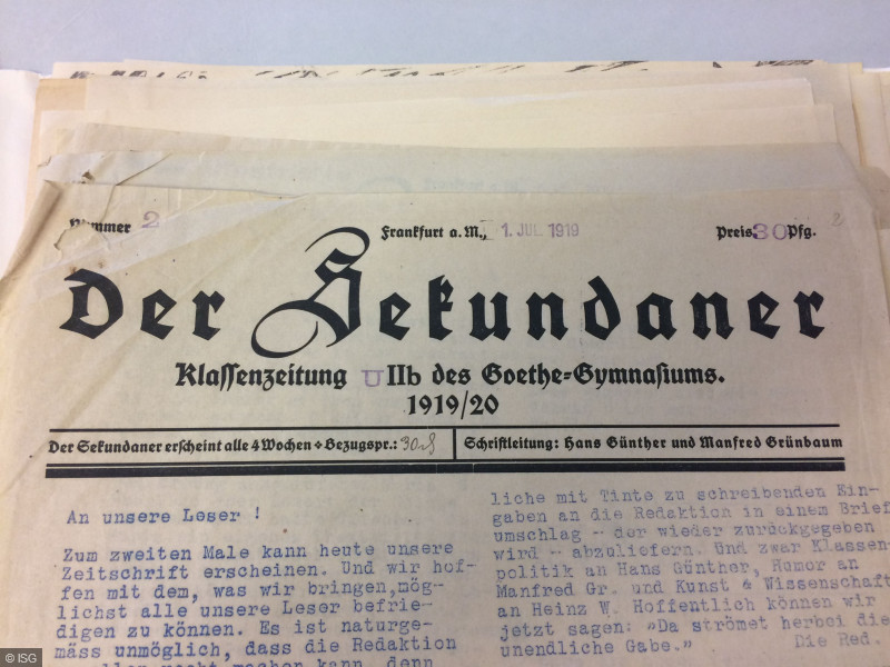 „Der Sekundaner“, Klassenzeitung des Goethe-Gymnasiums, Titelseite der Ausgabe 1919