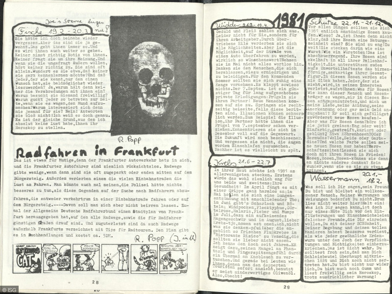 Horoskope und Radfahren in Frankfurt aus Heft 4 1981, „Objektiv. Zeitung der Carl-Schurz-Schule“