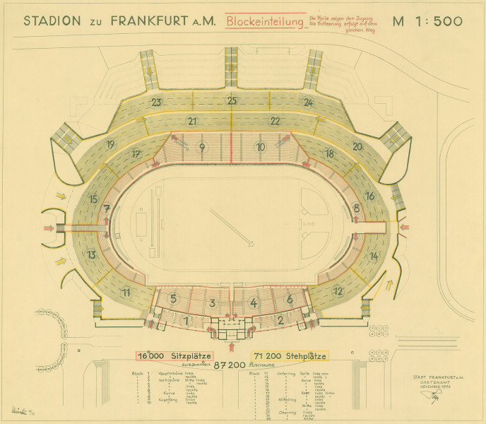 Plan des deutlich vergrößerten Waldstadions vom November 1953 (Ausfertigung durch das Gartenamt)